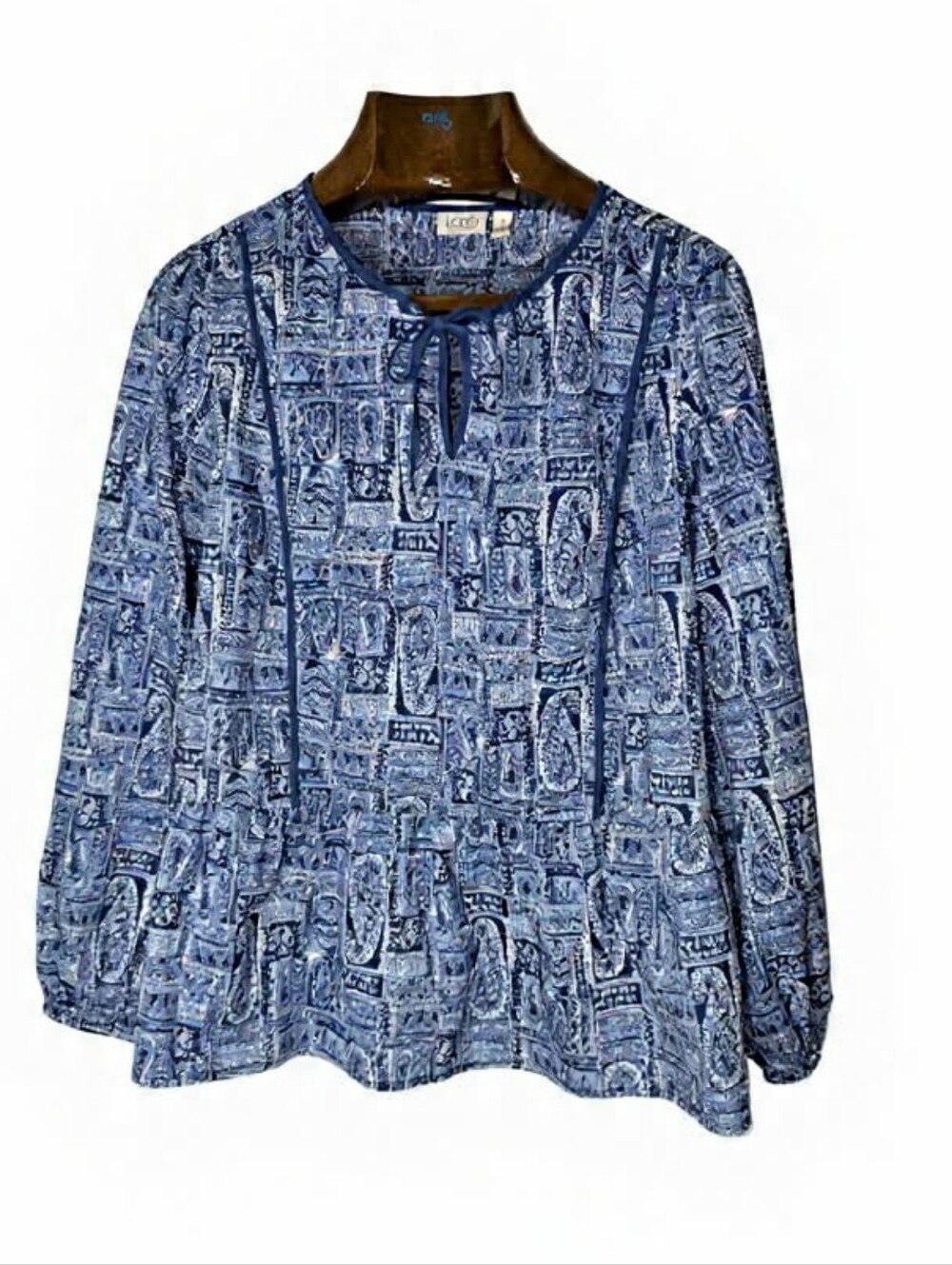 LOGO by Lori Goldstein Blue and White Printed Tie-Neck Tunic Boho Peasant